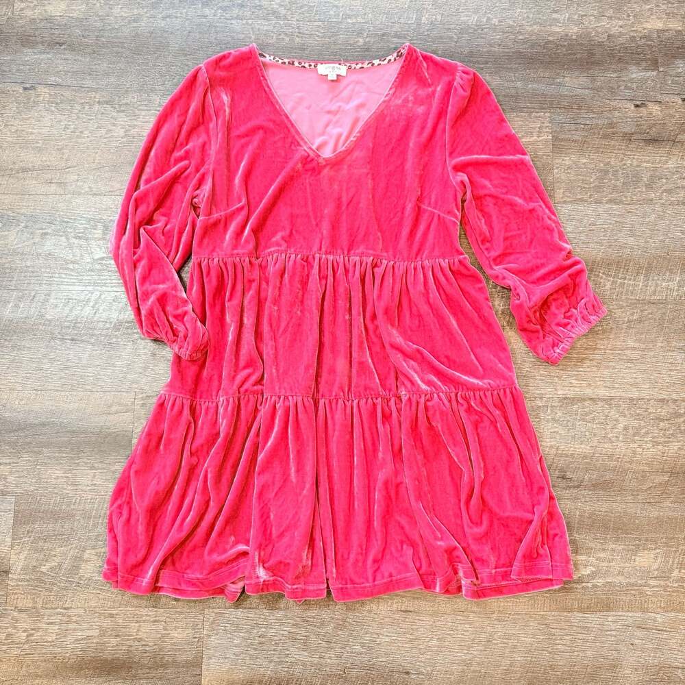 Umgee V-Neck Velvet Tiered Dress Berry Pink Medium